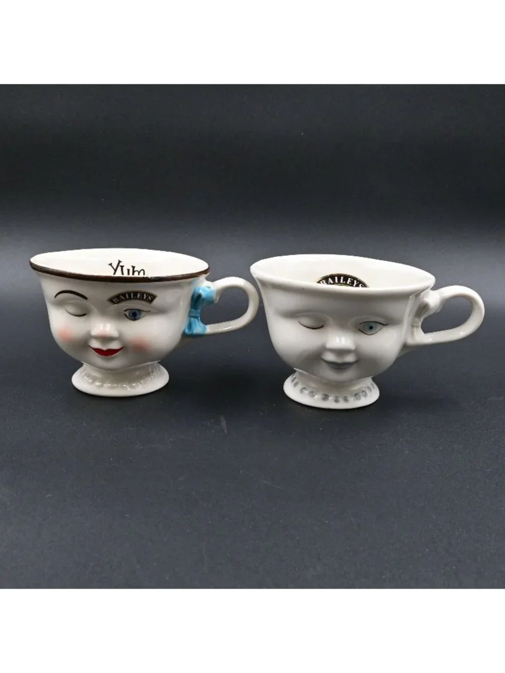 Baileys Winking Eye Face Cups Yum His & Hers Coffee Mugs Pair 1996 Vintage